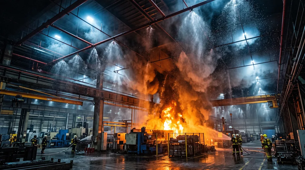 Sprinkler sistem u industrijskom postrojenju tokom aktivacije